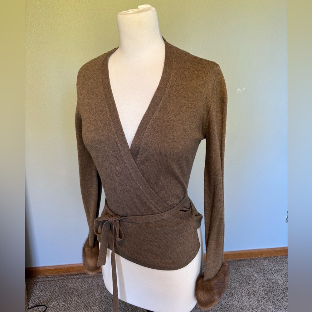 Wrap sweater with real mink sleeves